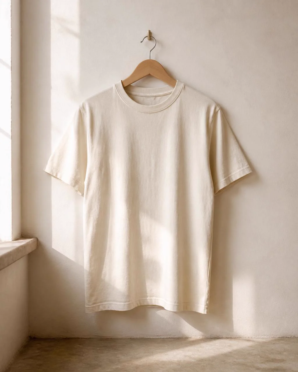 A hand rests on a natural cotton garment on a wooden hanger